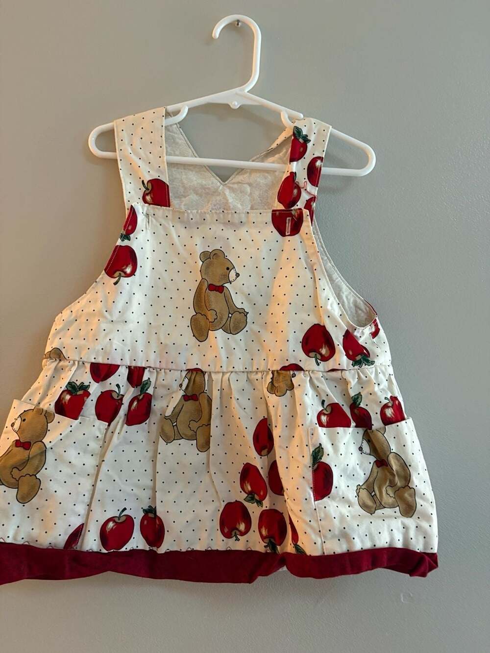 Vintage Handmade Teddy Bear & Apple Print Pinafore Dress with Pockets